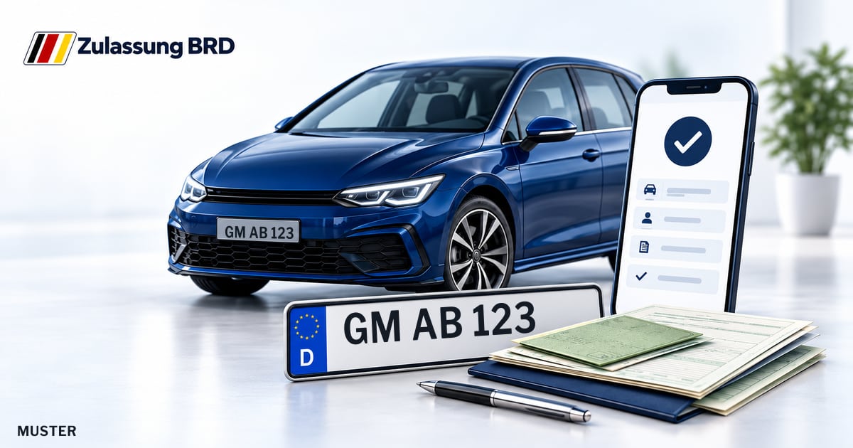 Online Fahrzeugzulassung in Wipperfürth: Musterkennzeichen GM AB 123, Auto und Fahrzeugpapiere und Smartphone. Illustration mit Logo von Zulassung BRD.